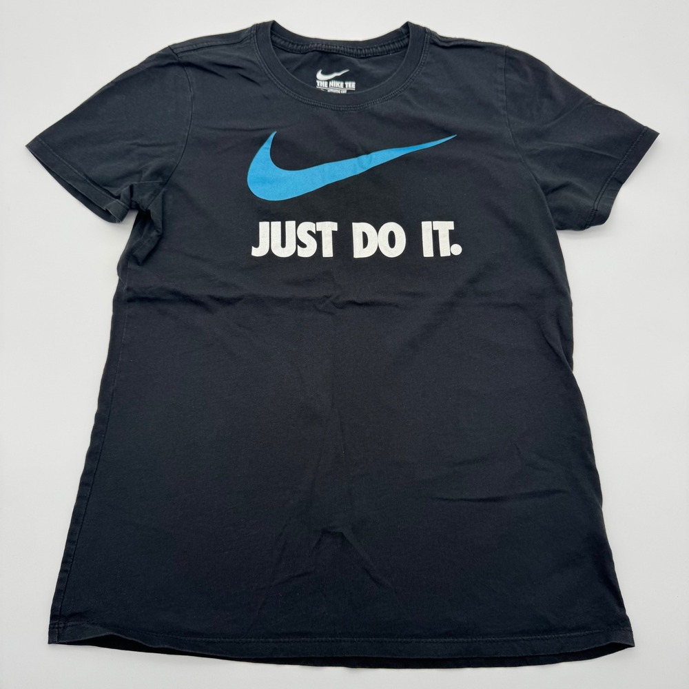 Nike Just Do‎ It Swoosh Graphic T-Shirt Black Blue White Womens M Athletic Cut